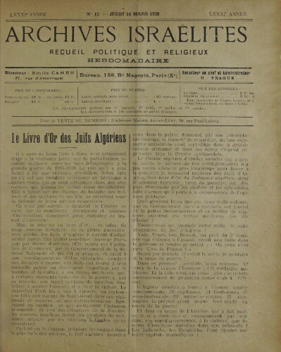 Archives israélites de France. Vol.81 N°12 (18 mars 1920)